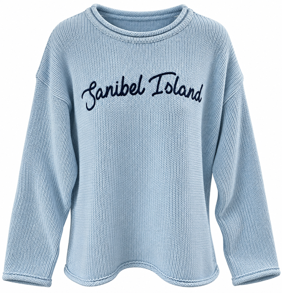 A light blue ribbed knit long-sleeve sweater with 'Sanibel Island' written across the chest in dark navy script, shown on a plain white background.