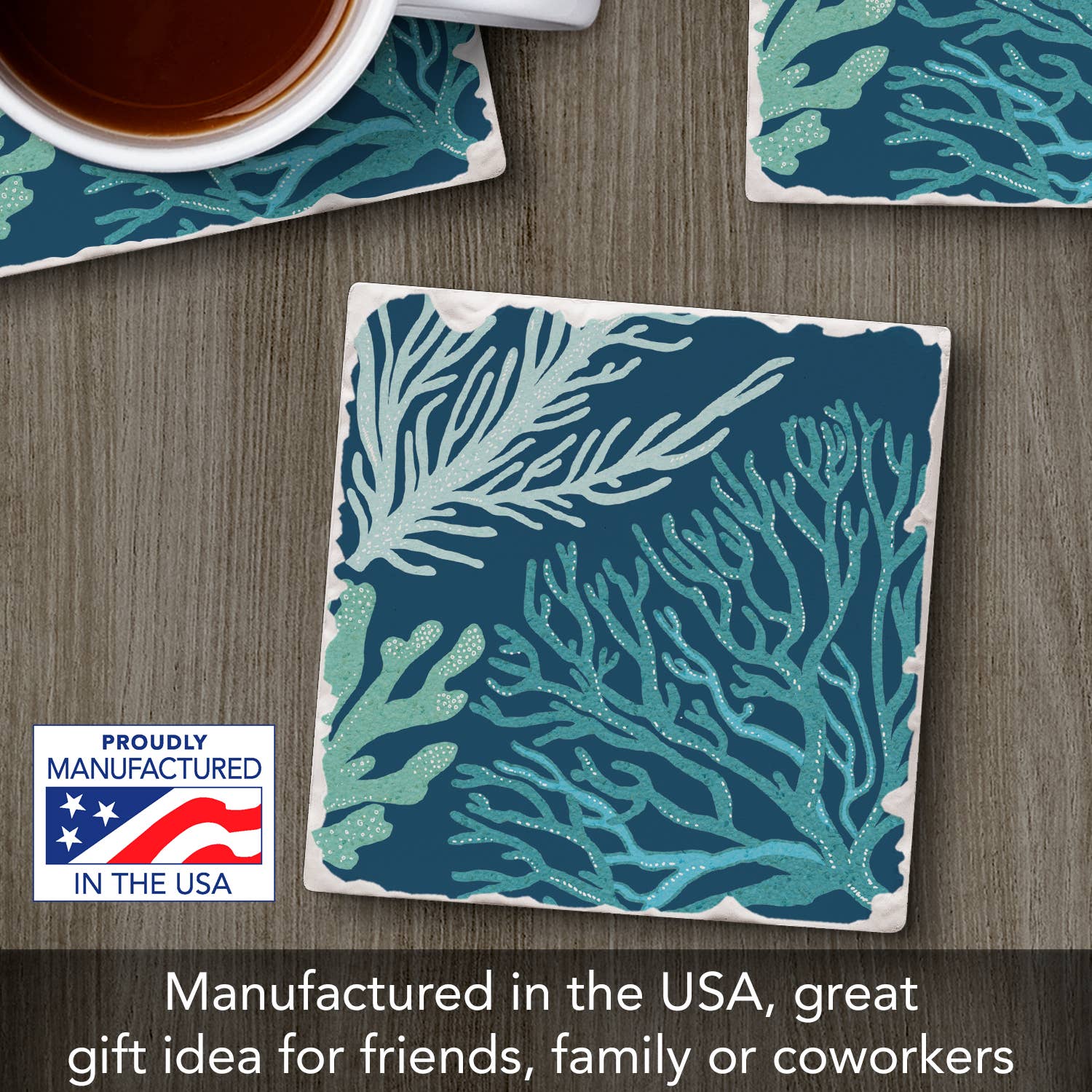 "Coral Blues" Single Absorbent Tumbled Tile Coaster